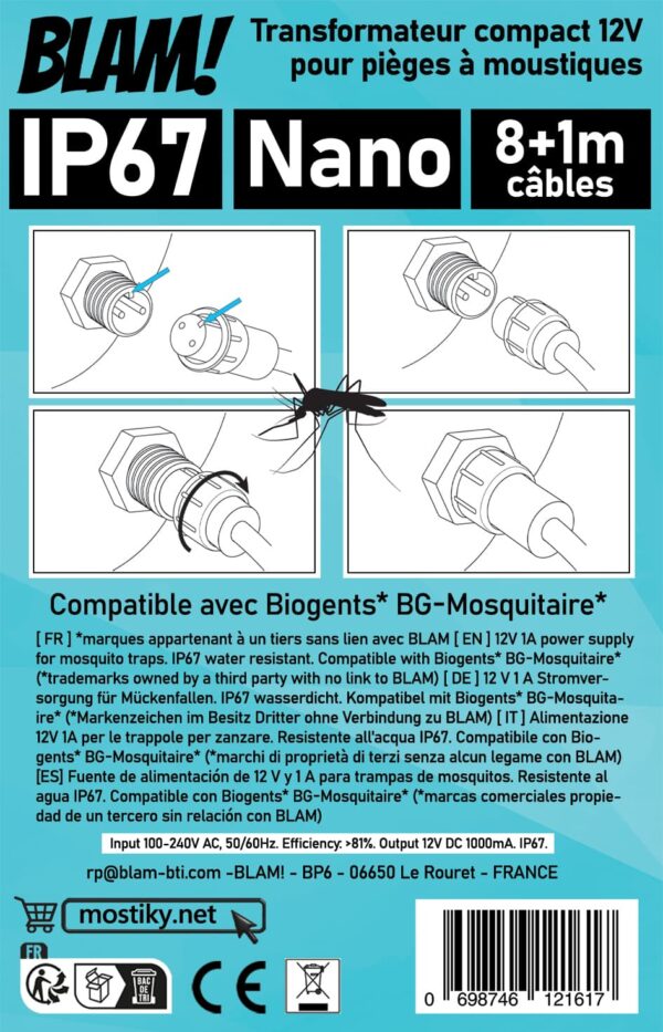 Trasformatore di alimentazione BLAM 12V compatibile con Biogents(*) BG-Mosquitaire(*) – Trappola per zanzare, IP67, cavo da 9 m, spina UE - immagine 2