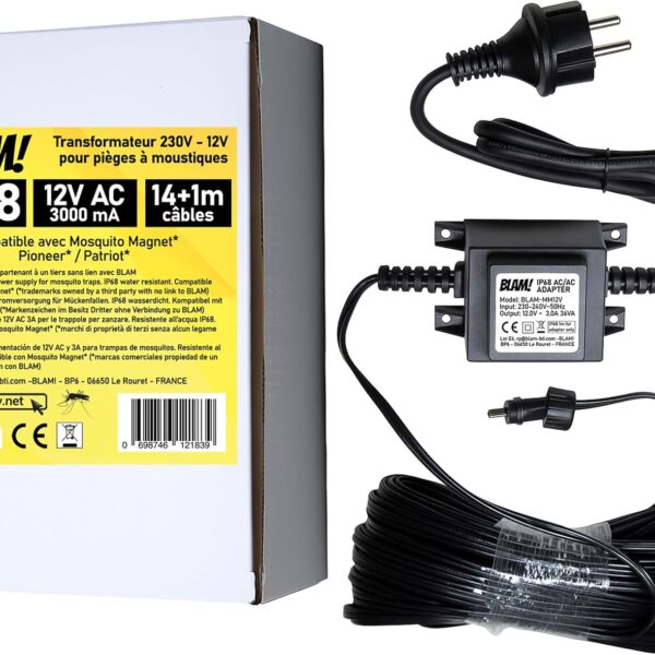 ¡BLAM! Fuente de alimentación de 12V compatible con Mosquito Magnet(*) Pioneer(*), Patriot(*), Defender(*) – transformador IP68, cable de 15 m, enchufe EU