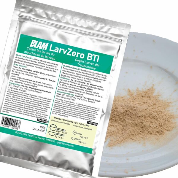 BLAM LarvZero BTI 100g – larvicida natural contra mosquitos fúngicos (Sciaridae) – Concentrado de Bacillus thuringiensis israelensis para 50L de solución